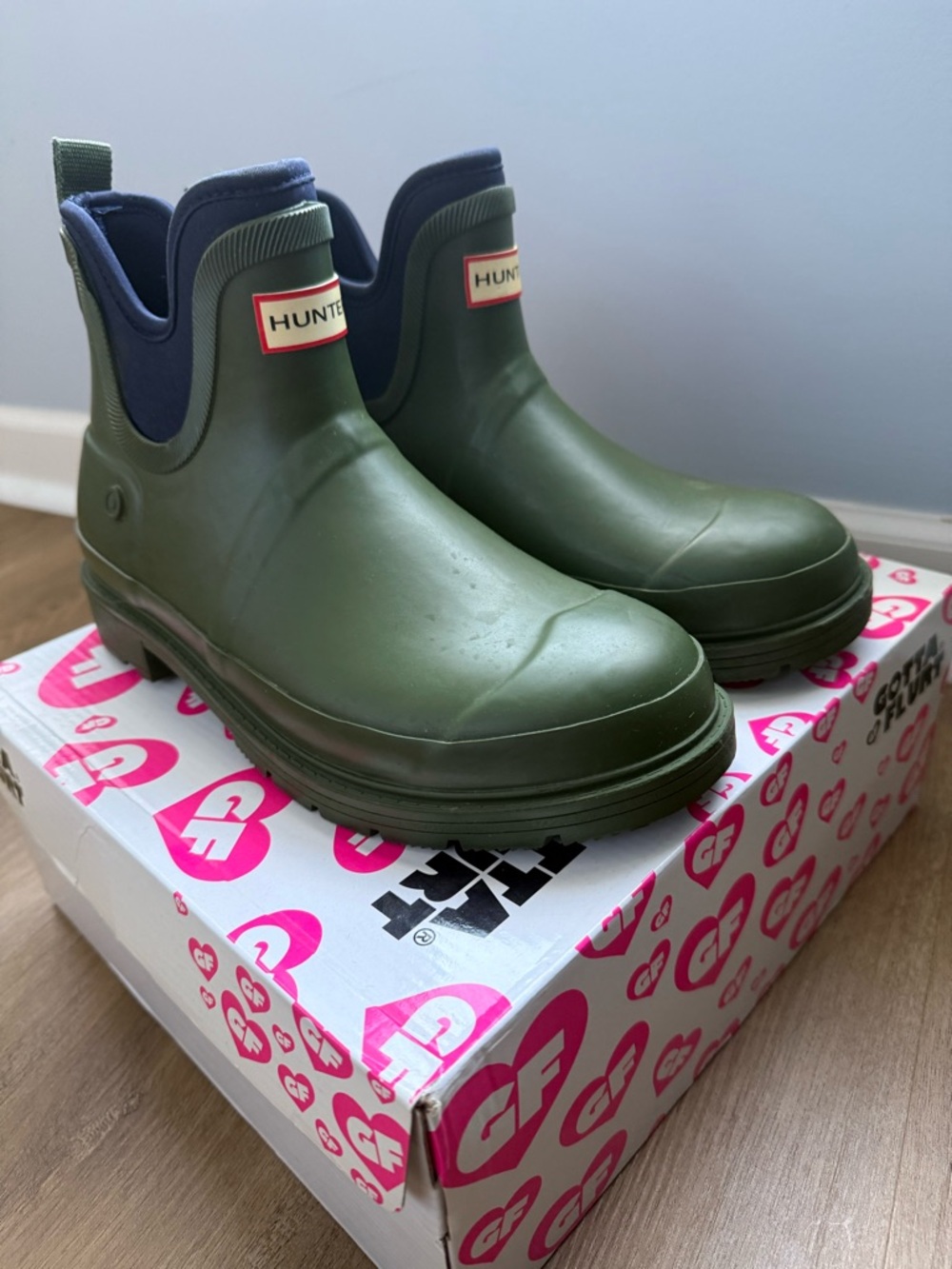 Hunter Olive Green Chelsea Rain Boots with Navy Ankle Panels